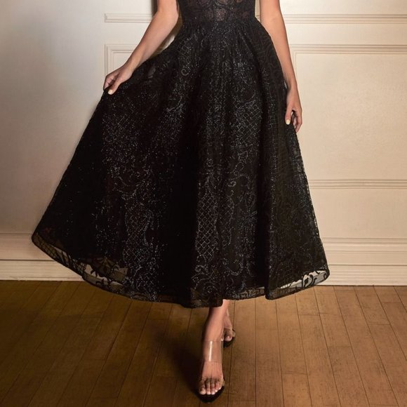 NEW TEA LENGTH OFF SHOULDER A-LINE DRESS EMBROIDERED WITH GLITTER LACE CD872 - Picture 10 of 10